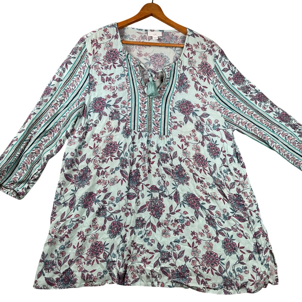 J. Jill Floral Tunic Top Womens Medium Blue Pink Peasant Tassel Split Neck Boho